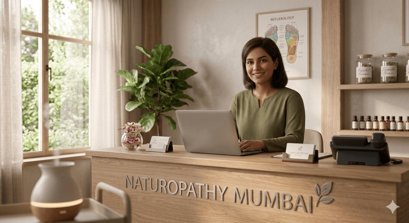 Naturopathy Center Mumbai Reception Welcoming reception at our natural healing clinic in Ghatkopar East, Mumbai